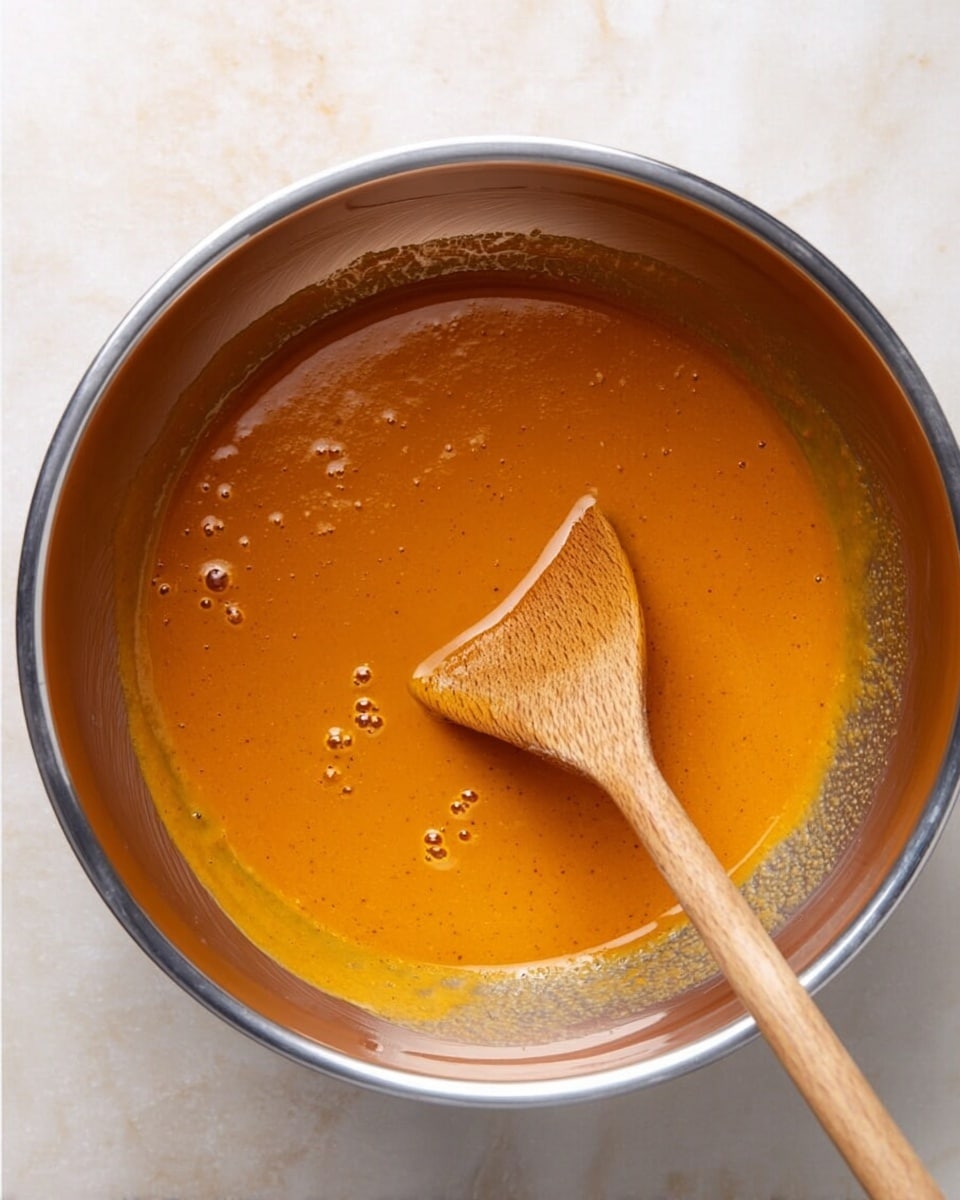 A shiny steel bowl contains a smooth, thick, orange mixture with a few small bubbles on the surface. A wooden spoon with a long handle rests inside the bowl, coated partially with the orange mixture. The bowl is placed on a white marbled surface, and the mixture has a glossy texture with some specks, indicating spices or ingredients mixed in photo taken with an iphone --ar 4:5 --v 7