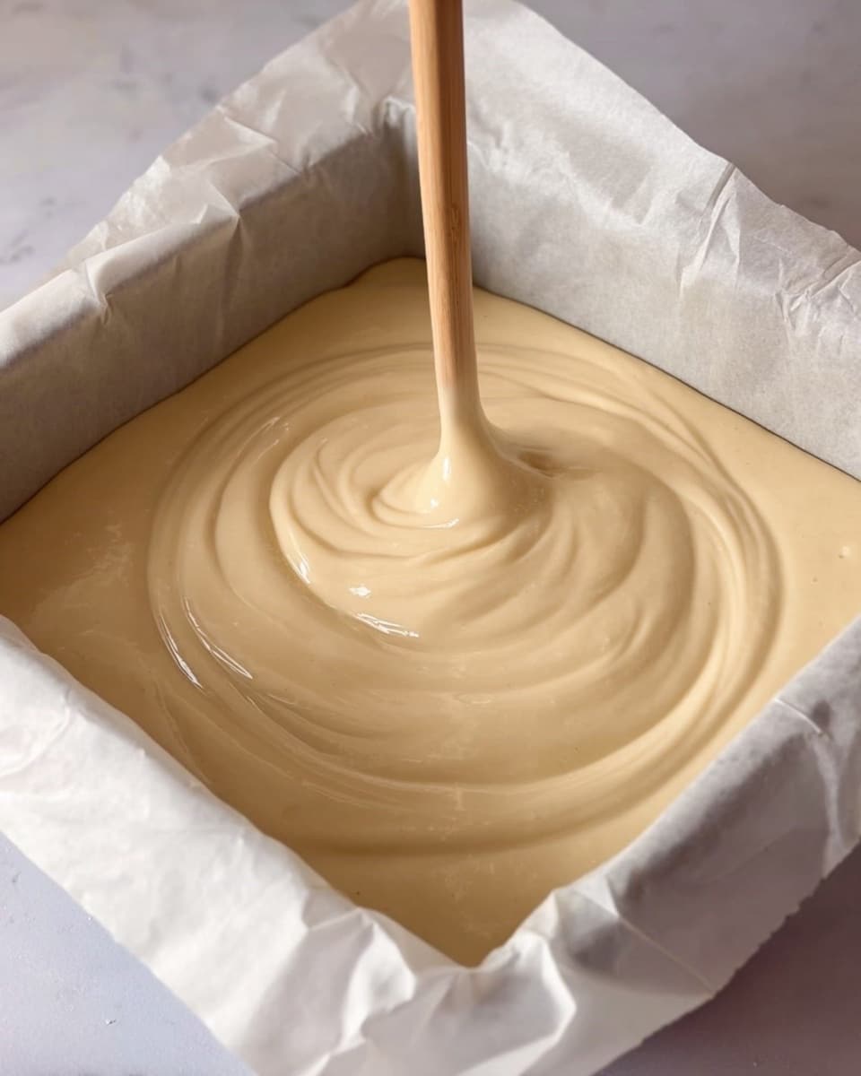 A close-up view of a smooth, creamy light beige batter being poured into a rectangular baking pan lined with white parchment paper. The batter forms even, glossy layers with visible ripples where the batter is flowing and spreading. A wooden stick is gently stirring the batter in the center, creating a gentle swirl pattern in the thick liquid. The pan is set on a white marbled surface with soft natural lighting highlighting the creamy texture and shine of the batter. photo taken with an iphone --ar 4:5 --v 7