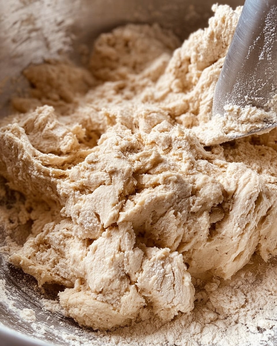 The image shows rough, thick dough being mixed in a silver metal bowl filled with flour dust. The dough is clumpy, with a dry, powdery texture that looks uneven and rugged, and it sticks partly to the sides of the bowl. Two pale beige mixer blades are seen working through the dough, with some sections looking flakey and cracked from the flour on the surface. The close-up shot highlights the coarse, unfinished feel of the dough against the shiny metal bowl and scattered flour. photo taken with an iphone --ar 4:5 --v 7