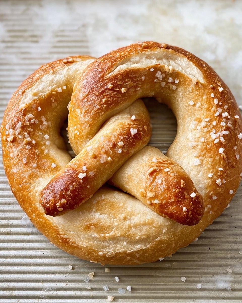 A single soft pretzel is shown on a metal baking tray with horizontal ridges. The pretzel has a light golden-brown color with some darker spots, showing a slightly shiny and smooth texture on the surface. Large flakes of coarse salt are scattered across the outer top layer of the pretzel. The pretzel is twisted in the classic knot shape, with a thick, rounded body and two ends crossed over each other in the center. The overall bread texture looks tender with a subtle crust on the outside. The background is a white marbled texture. Photo taken with an iphone --ar 4:5 --v 7