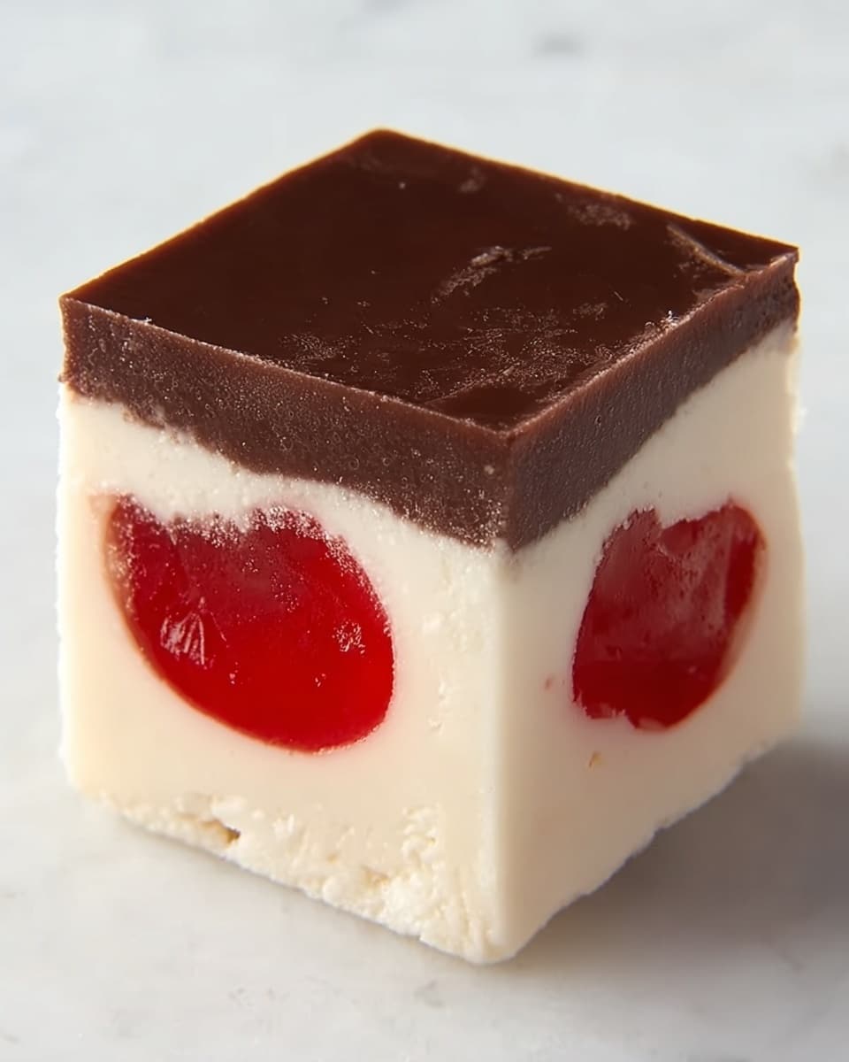 A square piece of dessert with two main layers is shown on a white marbled surface. The bottom layer is thick, creamy white with a smooth texture and contains two bright red cherry pieces embedded inside. The top layer is thinner and dark brown, smooth and firm, contrasting with the white layer below. The edges are straight and clean, making the dessert look neat and appetizing. photo taken with an iphone --ar 4:5 --v 7