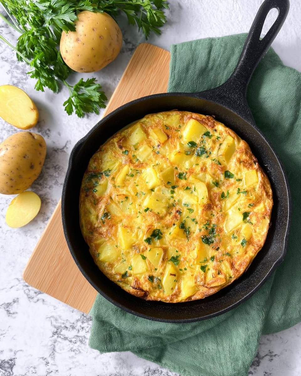 A round potato frittata with two visible layers sits in a black cast iron skillet with a long handle. The bottom layer is a golden, slightly browned egg base, while the top layer shows chunks of yellow potatoes mixed with small green herb pieces, giving a fresh look. The frittata fills the skillet fully, with some uneven edges. The skillet rests on a green cloth over a light wooden board, all placed on a white marbled surface. To the left, there are two whole yellow potatoes, a peeled potato with some skin curls nearby, and fresh green parsley leaves. Photo taken with an iphone --ar 4:5 --v 7