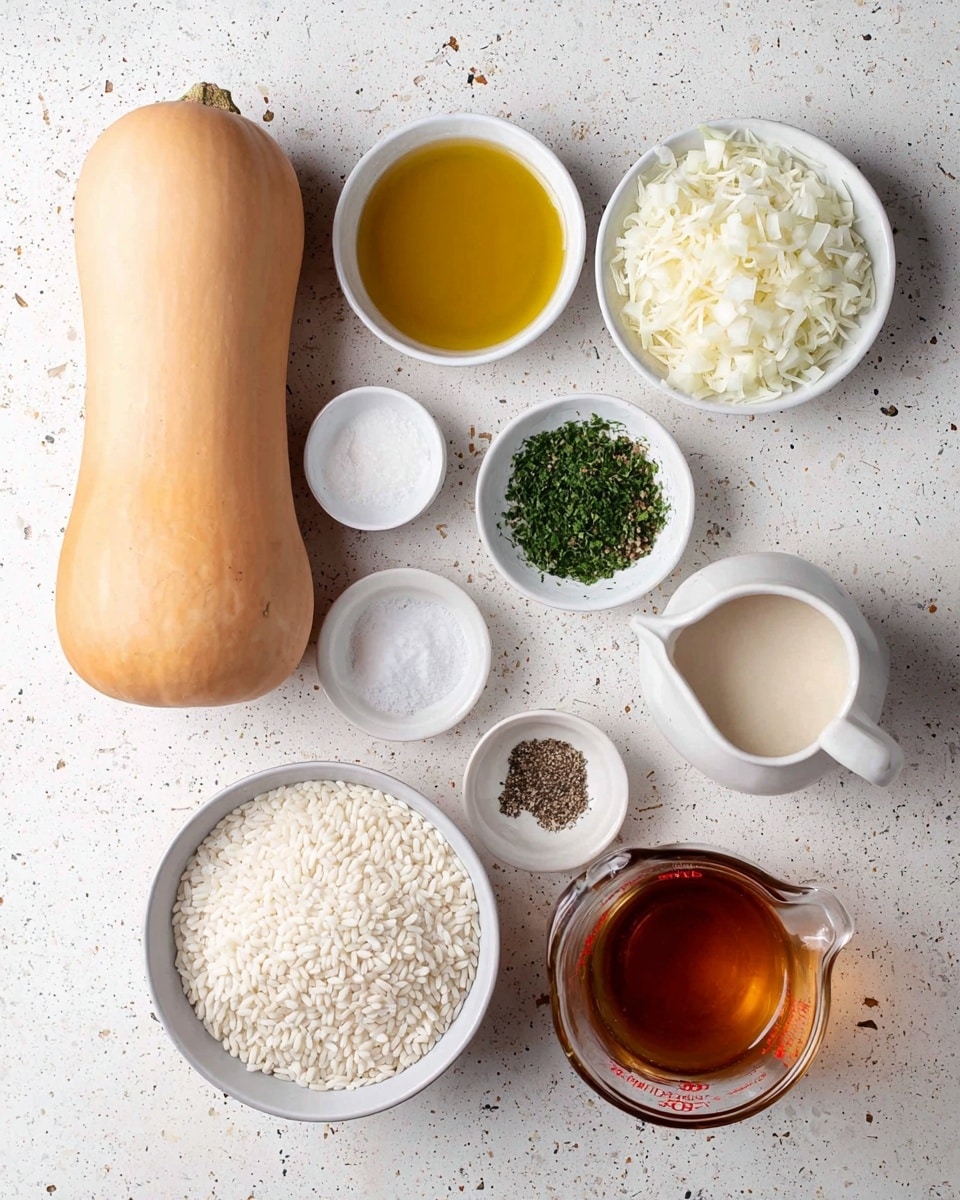 A white marbled surface holds a variety of cooking ingredients neatly arranged. On the left, there is a whole, light brown butternut squash. Above it are bowls containing golden olive oil, chopped green herbs, and shredded white cheese. Below the herbs and cheese is a bowl filled with chopped white onions. Small white bowls with ground black pepper and salt sit near the center. A white bowl filled with round, white Arborio rice is placed in the lower center. On the right side, a glass measuring cup holds a dark amber liquid, likely broth or stock, next to a small white pitcher with a creamy white liquid. All elements are shown clearly from above. Photo taken with an iphone --ar 4:5 --v 7