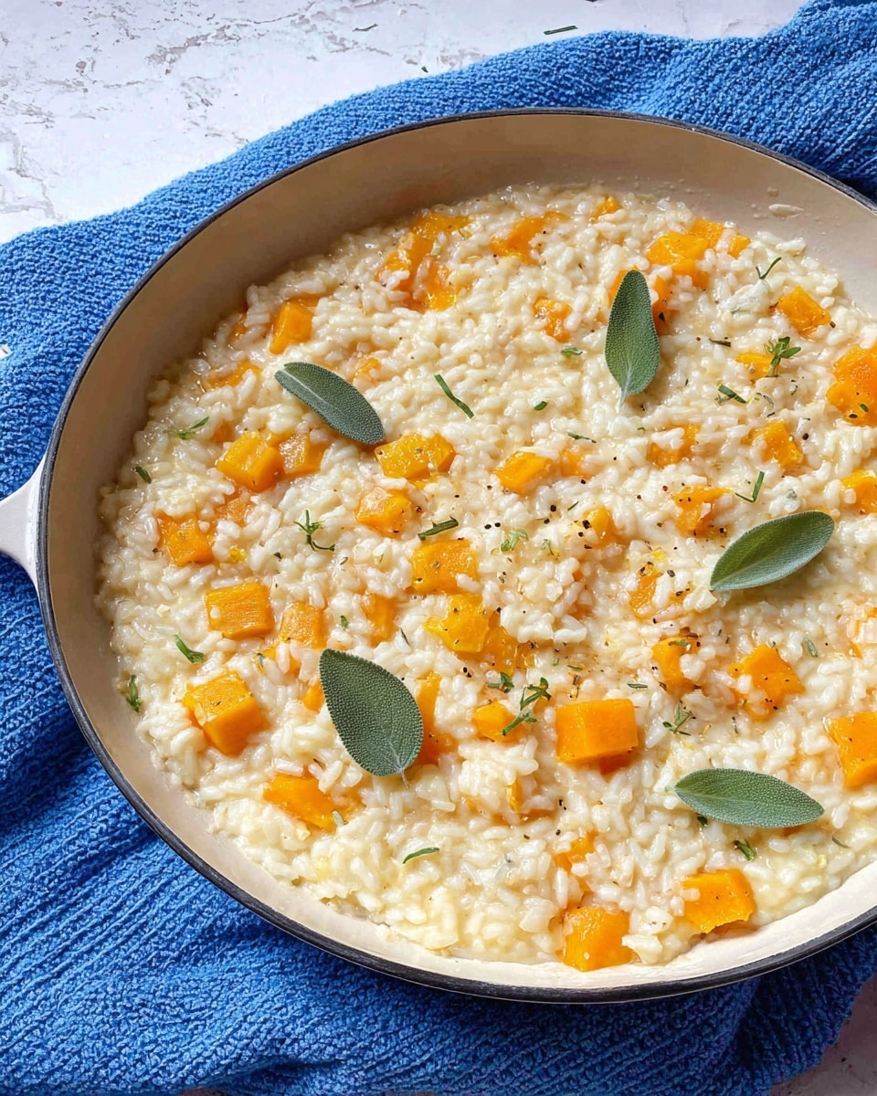 A white pan filled with creamy risotto that has small, soft grains of rice mixed with bright orange chunks of cooked squash evenly spread throughout. There are five small fresh green sage leaves placed on top, adding a touch of color. The pan sits on a blue textured cloth, all set on a white marbled surface. photo taken with an iphone --ar 4:5 --v 7
