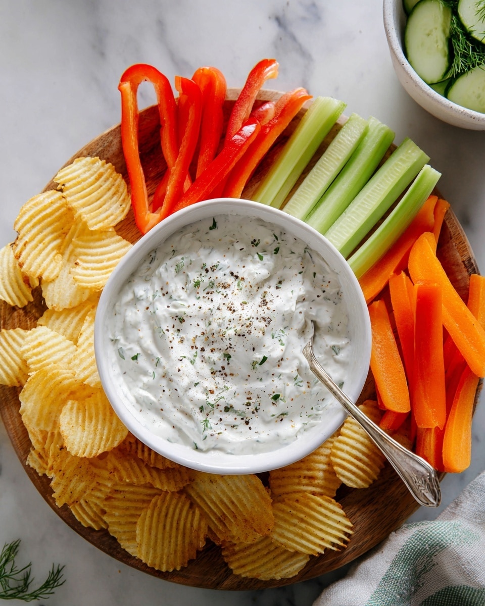 A round wooden board holds a white bowl of creamy dip in the center, with small green herb bits and black pepper sprinkled on top. A silver spoon rests inside the bowl. Around the bowl, there are red bell pepper strips on the top left, pale green celery sticks to the right of the peppers, bright orange carrot sticks on the far right, and light yellow ridged potato chips at the bottom left. In the background on the white marbled surface, a white bowl with cucumber pieces and dill leaves is partially visible at the top right. photo taken with an iphone --ar 4:5 --v 7