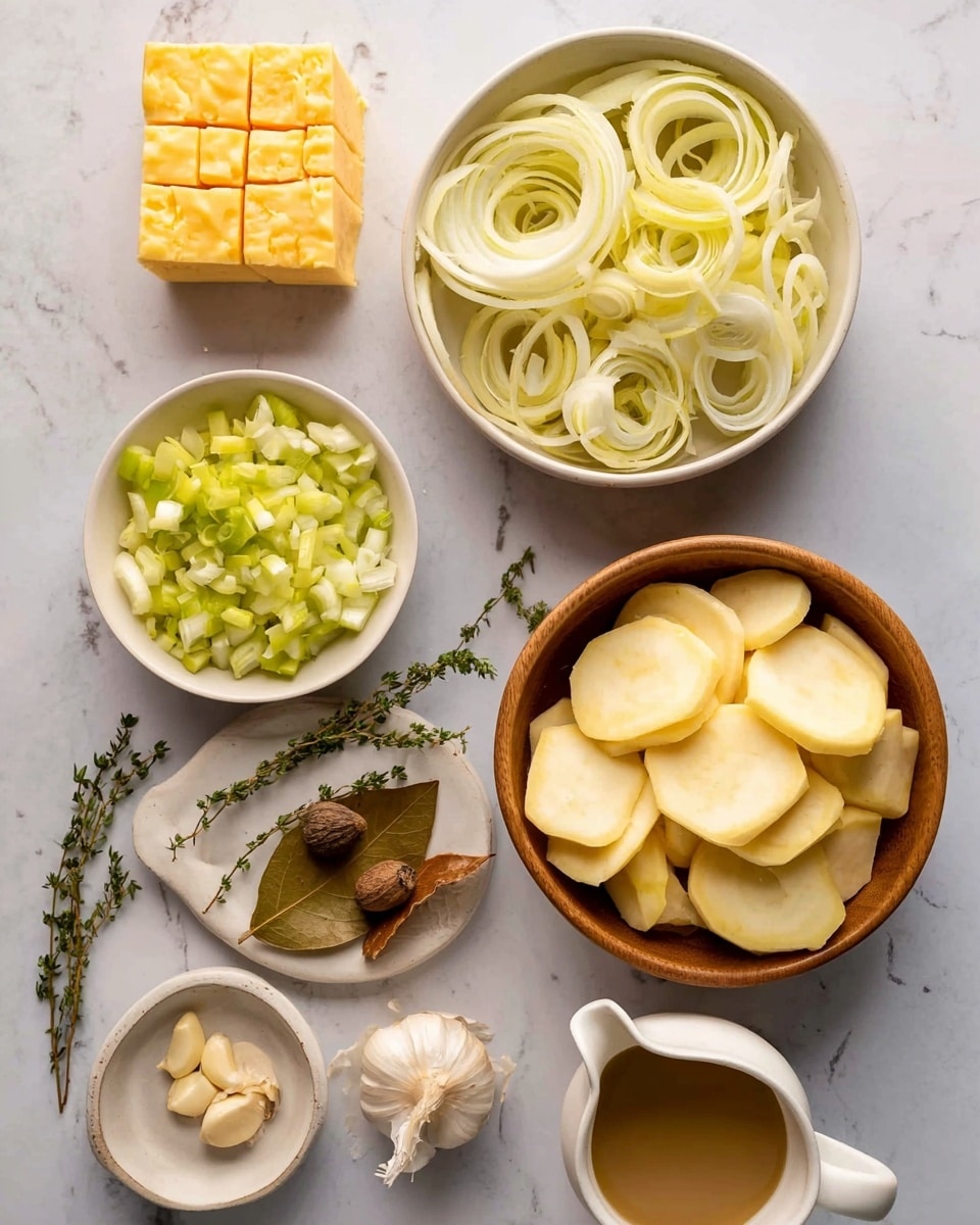 The image shows a flat lay of various cooking ingredients on a white marbled surface. At the bottom right, there is a round wooden bowl filled with thick slices of pale yellow parsnips. Above it, a white bowl contains coiled, thin pale yellow and white leek slices. To the top left of the leeks is a white bowl with small, pale green chopped celery pieces. Near the top left corner, a yellow-orange block of grated cheese with square holes sits, next to green sprigs of fresh thyme. Below the thyme, a small white plate holds two whole garlic cloves, a whole nutmeg, and a brown bay leaf. To the bottom right corner of the plate is a small white jug filled with light brown liquid, and just above it is another small white jug with a creamy white liquid. Photo taken with an iphone --ar 4:5 --v 7