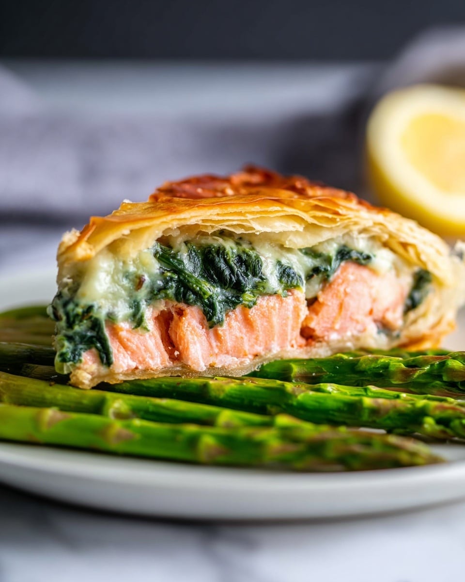 A close-up image shows a dish with three main layers. The bottom layer is a bed of bright green cooked asparagus spears arranged side by side, with a slightly shiny and tender texture. Above the asparagus is a thick layer of pink, flaky cooked salmon with visible layers in the meat. On top of the salmon is a layer of creamy spinach mixture with dark green leafy pieces coated in a light sauce. Covering the spinach and salmon is a golden-brown, flaky baked crust with a slight shine and light cracks. In the background, there is a blurred half slice of lemon showing yellow and white colors. The dish is presented on a white plate on a white marbled surface. photo taken with an iphone --ar 4:5 --v 7