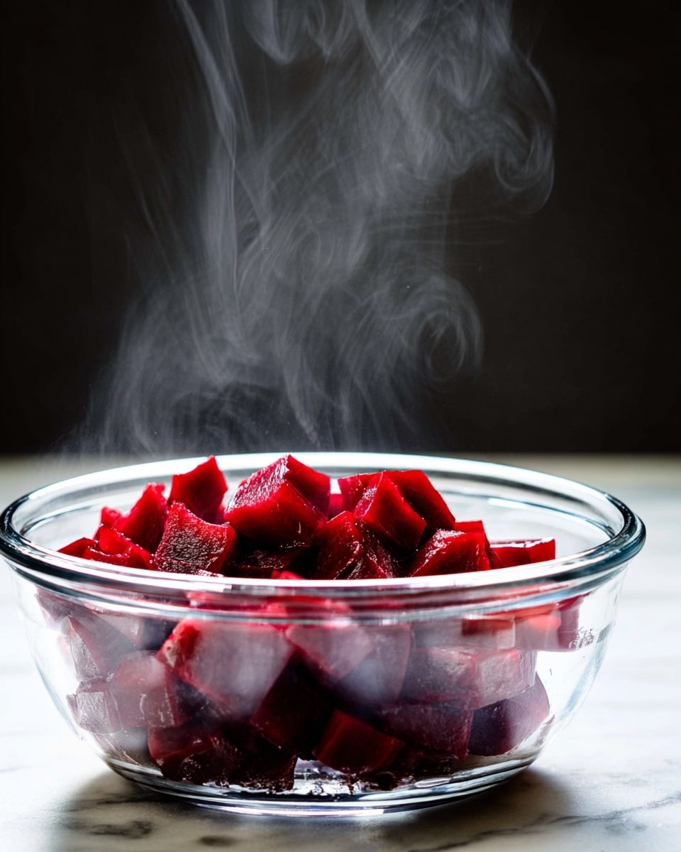 A clear glass bowl holds one layer of small, deep red, cubed pieces that look like cooked vegetables, with steam rising in soft swirls above the bowl. The bowl sits on a white marbled surface with a dark blurred background that contrasts with the bright colors of the cubes. The glass has smooth, clear edges catching light reflections, emphasizing freshness and warmth. photo taken with an iphone --ar 4:5 --v 7