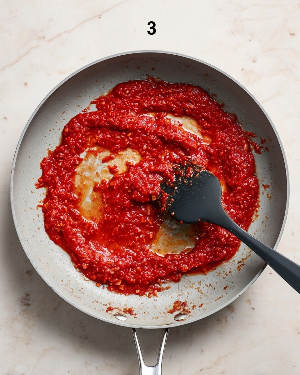 A light gray pan holds a thick, uneven layer of bright red sauce spread across the bottom, showing a chunky and slightly oily texture with visible small bits of onions. A black spatula rests on the right side of the pan, partially covered with sauce. The pan sits on a white marbled surface. Photo taken with an iphone --ar 4:5 --v 7