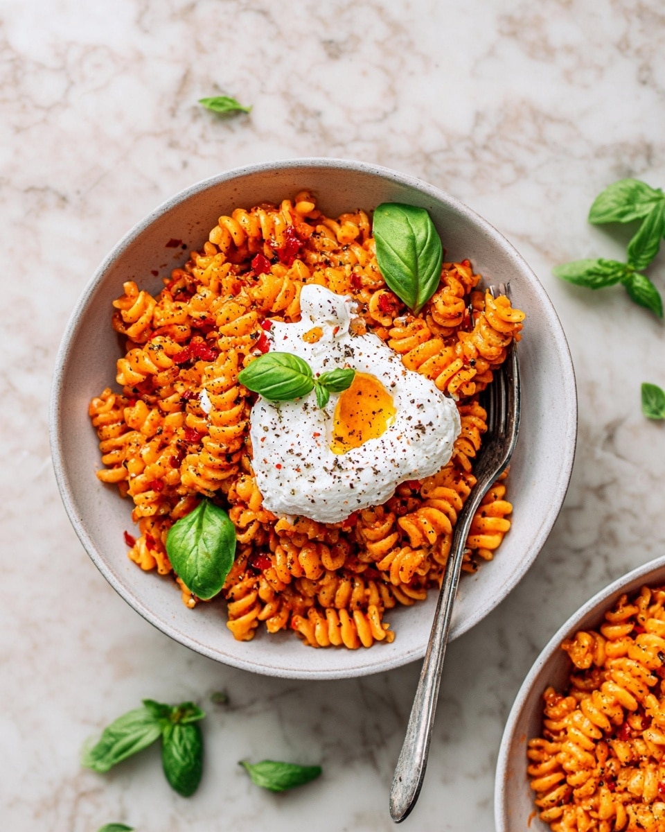 A white bowl filled with bright orange spiral pasta mixed with small red bits of pepper, topped with a large dollop of soft white cheese that has orange oil drizzled on it and sprinkled with black pepper, garnished with two fresh green basil leaves on top, a silver fork placed inside the bowl to the right side, all set on a white marbled surface with scattered basil leaves around. Photo taken with an iphone --ar 4:5 --v 7
