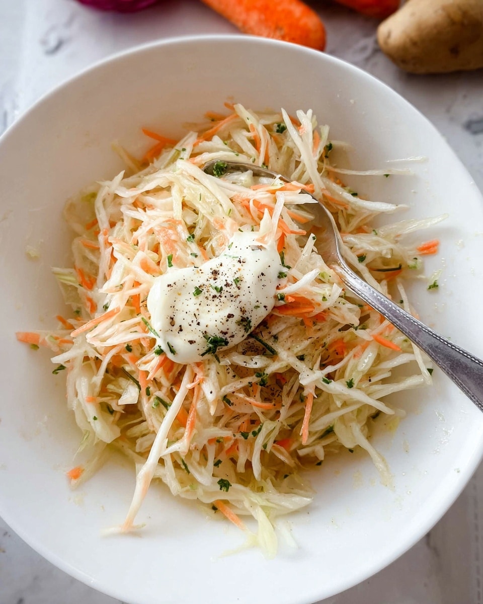 A white bowl filled with a mix of thin, pale shredded strips of vegetables, mostly white and light orange, likely cabbage and carrot, scattered lightly with small green herb sprigs and black pepper on top. There is a soft dollop of white creamy sauce placed near the center on top of the shredded vegetables. A metal spoon rests inside the bowl on the right side, partially covered by the sauce and vegetables. The bowl sits on a white marbled surface with blurred edges of some root vegetables visible in the background. Photo taken with an iphone --ar 4:5 --v 7