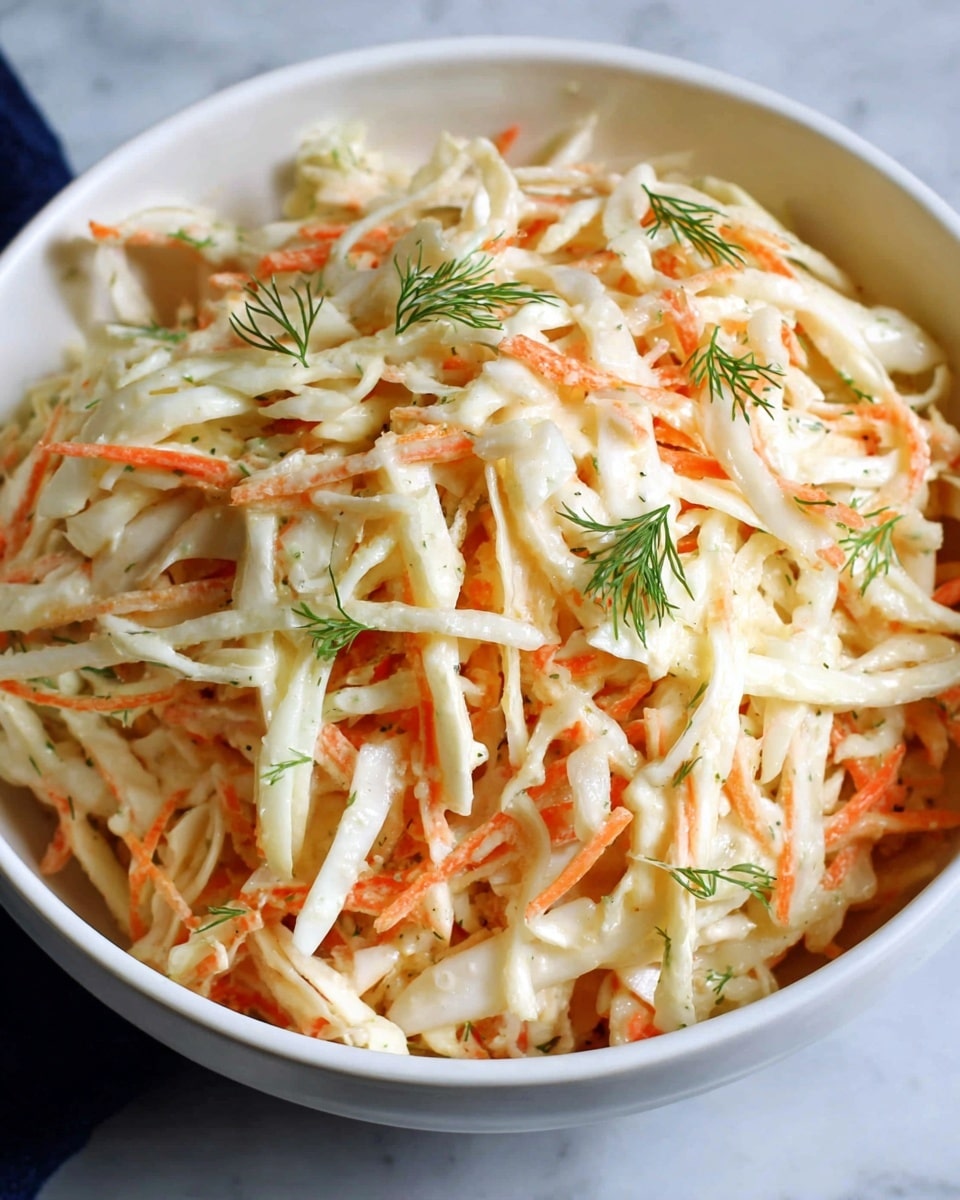 A white bowl filled with a creamy slaw made of thin, long strips of white and orange vegetables mixed together, likely cabbage and carrots, with a smooth, light-colored dressing coating each piece; small sprigs of green dill are scattered on top, adding a touch of color and freshness, set on a white marbled surface. photo taken with an iphone --ar 4:5 --v 7
