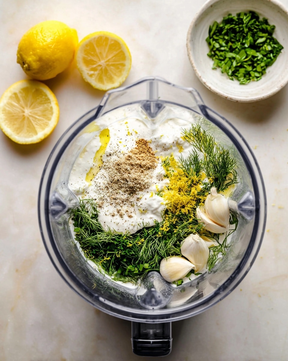 A clear blender container filled with several layers of ingredients: a base of white creamy texture with some yellowish liquid, topped with two whole garlic cloves on the right side, fresh green dill and lemon zest in the center, and sprinkled with light brown powder and black pepper on top. Next to the blender on the left side are two lemon halves, and to the top right is a small white bowl filled with chopped green herbs, all placed on a white marbled surface. Photo taken with an iphone --ar 4:5 --v 7