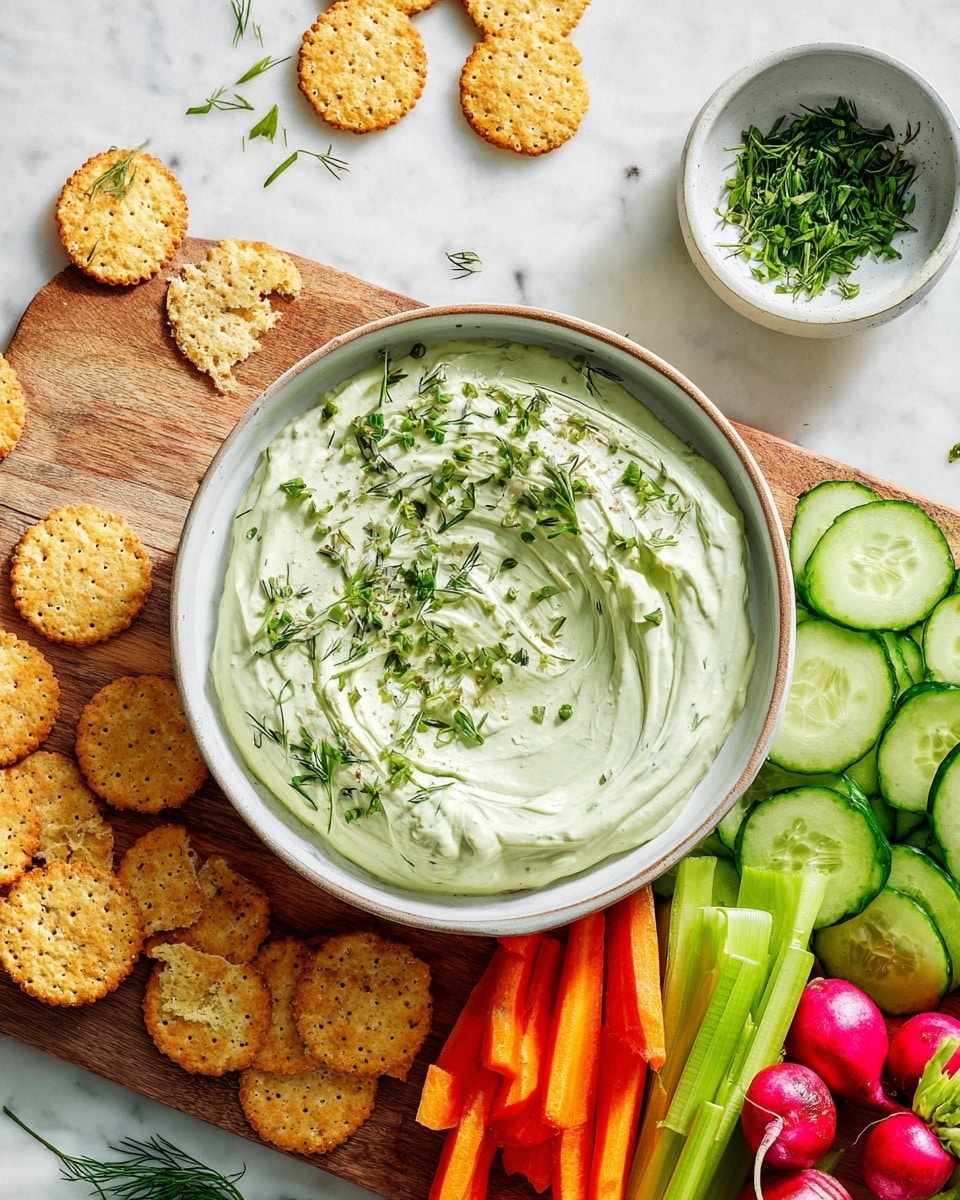 A large white bowl filled with creamy, pale green dip that has a smooth, swirled surface is topped with finely chopped green herbs and small dill leaves scattered around. To the right of the bowl, on a wooden cutting board, are several slices of light green cucumber with darker green edges, a bunch of small pink radishes with white tips, bright green celery sticks, and vibrant orange carrot pieces. Above the cutting board is a small white bowl filled with chopped green herbs. On the white marbled surface around the bowls are scattered round golden crackers with textured edges, with some crackers lying outside the bowl. The overall setting is bright and fresh. photo taken with an iphone --ar 4:5 --v 7
