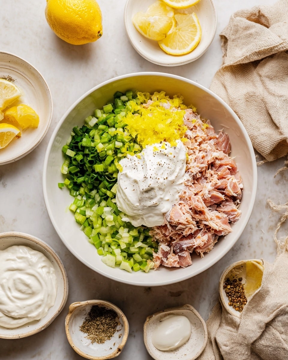 The white bowl holds several distinct layers arranged in a circle: shredded light pink tuna at the bottom right, chopped bright green celery at the bottom left, chopped medium green scallions at the top left, a dollop of thick white sour cream or yogurt at the top center, and chopped yellow pepperoncini at the top right. Some black pepper is sprinkled over the tuna and sour cream. The bowl sits on a white marbled surface with small white plates around it containing lemon wedges, salt, pepper, and white creamy sauces. A beige cloth napkin is in the top right corner. photo taken with an iphone --ar 4:5 --v 7