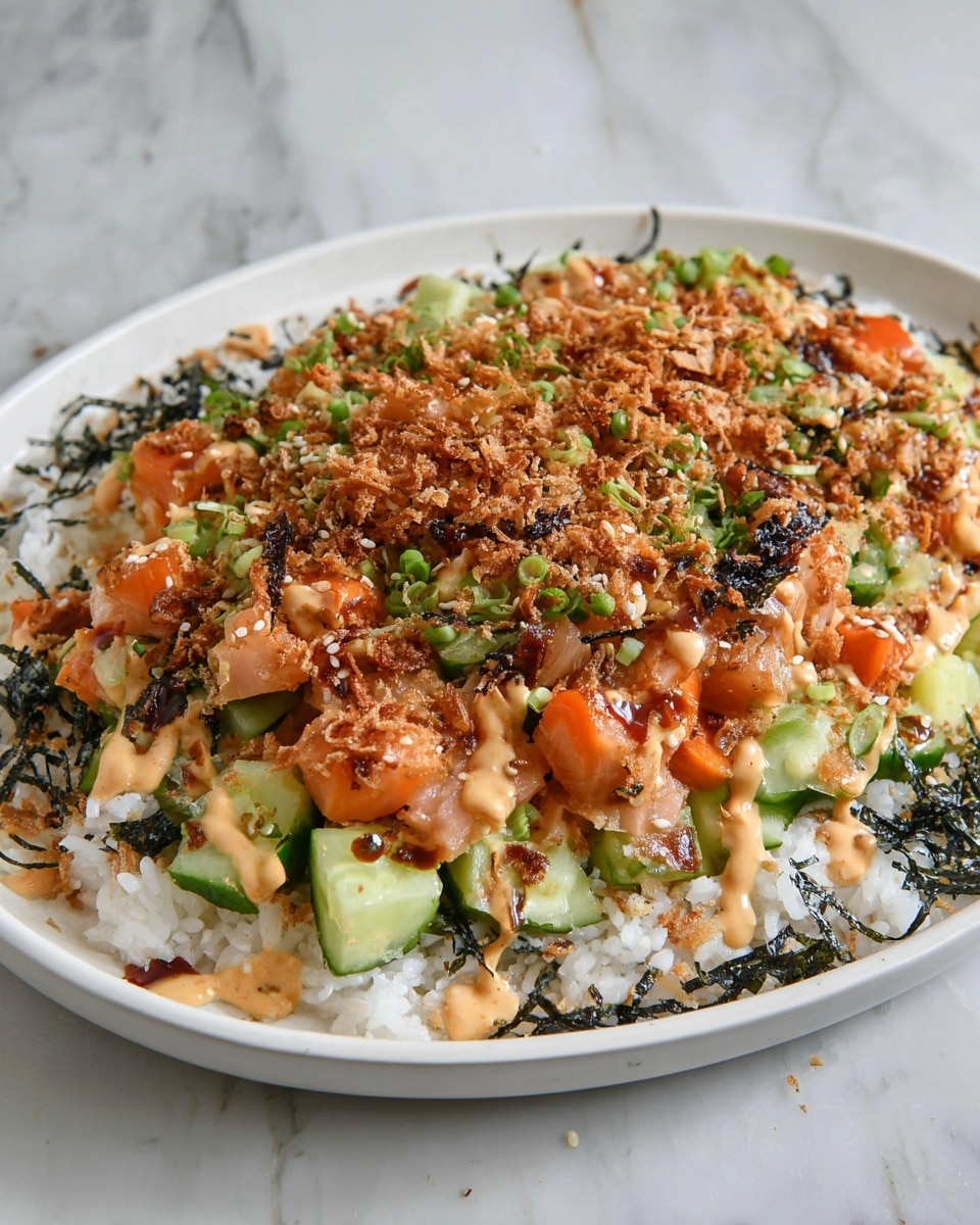 A close-up view of a dish on a white plate with a base layer of white rice scattered with dark green seaweed strips. The second layer is made of small, diced pieces of orange carrots and green cucumbers evenly spread across the rice. On top, chunks of light pink fish with a slightly charred texture are placed. The entire dish is drizzled with a light orange sauce and a darker brown sauce, sprinkled with toasted light brown sesame seeds, and topped with crispy fried onion bits for added texture, all set on a white marbled surface. photo taken with an iphone --ar 4:5 --v 7