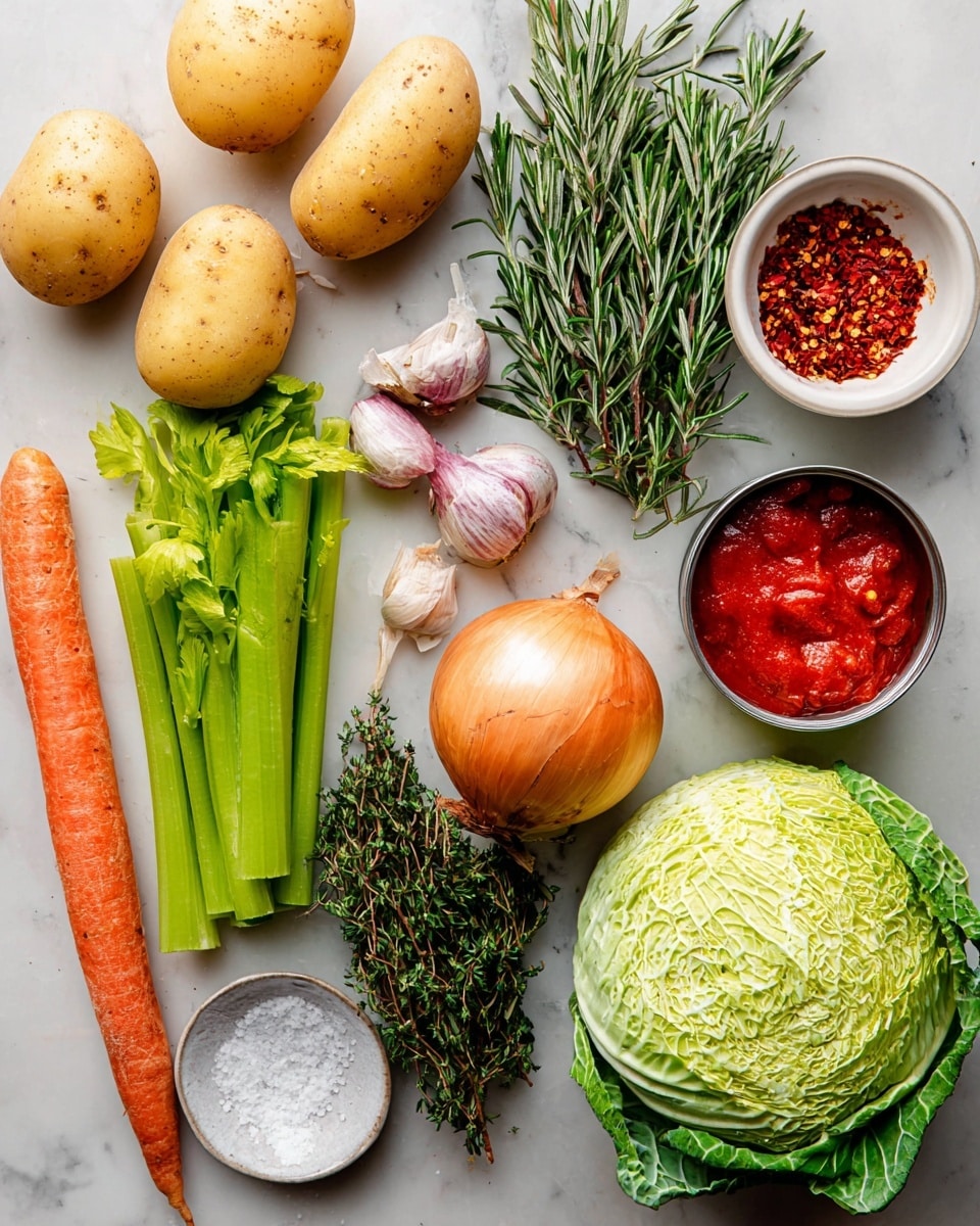 The image shows fresh ingredients arranged neatly on a white marbled surface. There are three light yellow potatoes at the top, a whole onion with golden brown skin below them, and five cloves of garlic with purple and white skin slightly scattered in the middle. To the left, there is a long carrot with an orange color, lying next to several bright green celery sticks with leafy tops. Below the garlic, two bunches of fresh herbs, one dark green rosemary and one lighter green thyme, are placed close together. A small white bowl filled with red chili flakes is at the top right, and an opened tin of bright red tomatoes sits at the bottom right. There is also a round piece of bright green savoy cabbage with crinkled leaves in the middle right. A small round dish with coarse white salt is placed near the bottom center. Photo taken with an iphone --ar 4:5 --v 7
