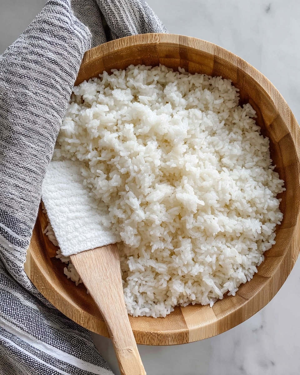 A round shallow wooden bowl is filled with a single layer of cooked white rice, showing its soft and slightly shiny texture. A white textured rice paddle is partially placed under the rice on the left side. A gray and white striped cloth covers part of the rice on the top left. The bowl is set on a white marbled surface. photo taken with an iphone --ar 4:5 --v 7
