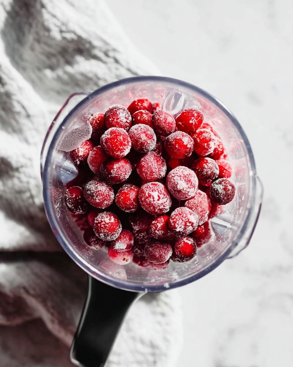 A top view of a clear blender filled with a single layer of bright red frozen cranberries. The cranberries are whole and covered with a light frost, sitting inside the transparent container with its black base partly visible. A soft textured light grey cloth is placed next to the blender on a white marbled surface. The lighting is bright and natural. photo taken with an iphone --ar 4:5 --v 7