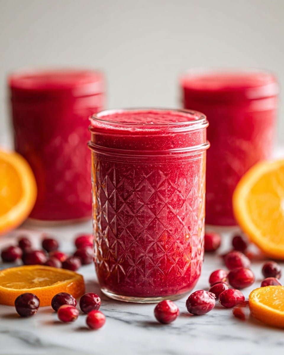 The image shows three clear glass jars filled with bright red smoothie, each jar having a diamond pattern on the glass. The creamy red smoothie fills each jar to the top, with a slightly textured surface. Around the jars, there are small whole cranberries and orange wedges scattered on a white marbled surface. The background is softly blurred, highlighting the vibrant red color of the smoothie and the fresh fruit pieces nearby. photo taken with an iphone --ar 4:5 --v 7