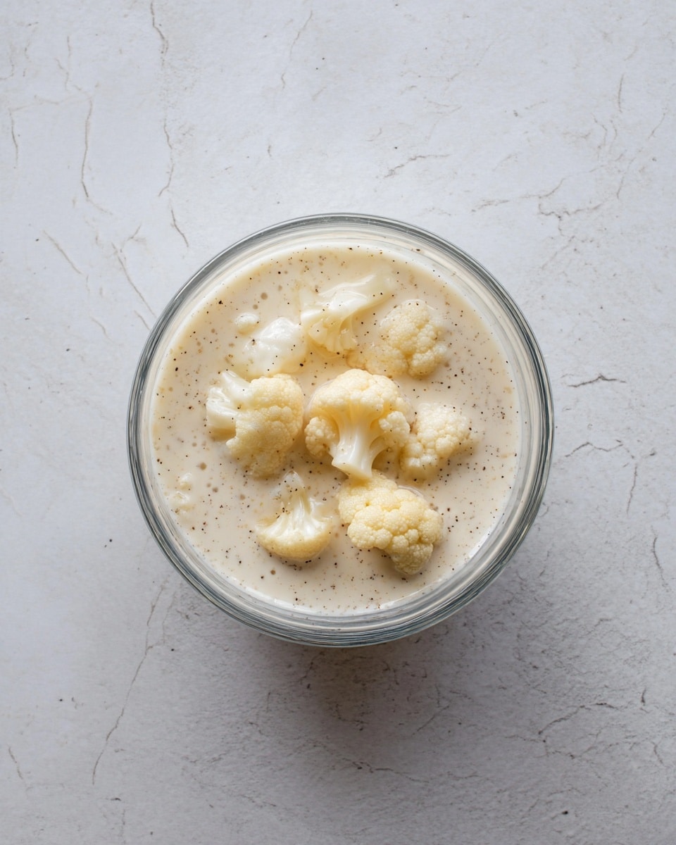 A clear glass bowl sits on a white marbled surface, filled with a creamy white sauce with small black specks evenly spread throughout. Inside the sauce, there are about nine pieces of light beige cauliflower, some whole and some broken into smaller parts, floating near the top. The surface of the sauce is smooth with a slight shine, and the cauliflower pieces have a soft, slightly textured appearance. The photo was taken with an iphone --ar 4:5 --v 7