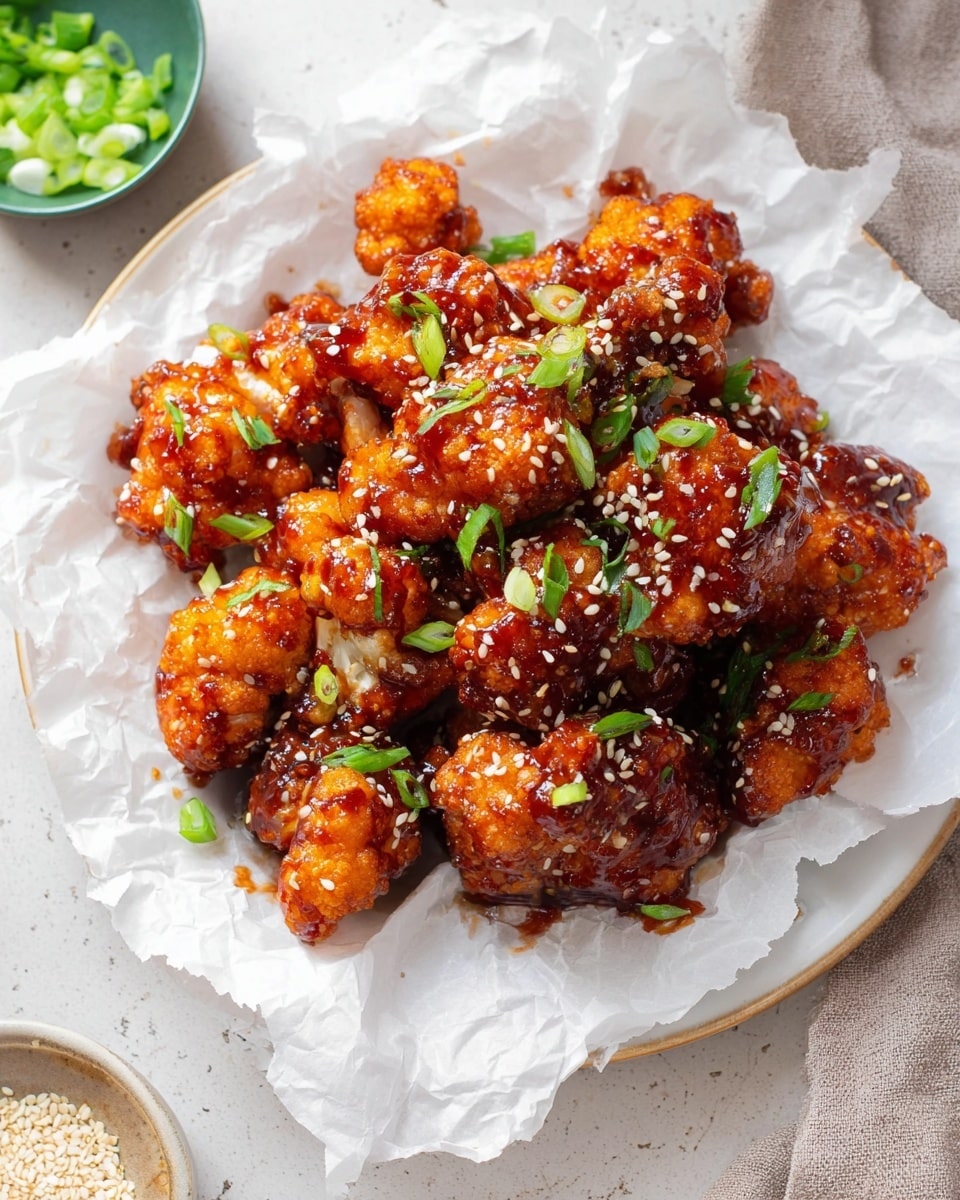 A white plate lined with crumpled white parchment paper holds a heap of golden-brown fried cauliflower pieces, each coated in a shiny, dark reddish-brown sauce. The cauliflower is garnished with small white sesame seeds and chopped bright green scallions scattered evenly on top. In the top left corner, a small white marbled surface shows a green bowl with more chopped scallions. The overall setting includes a soft white marbled textured background. photo taken with an iphone --ar 4:5 --v 7
