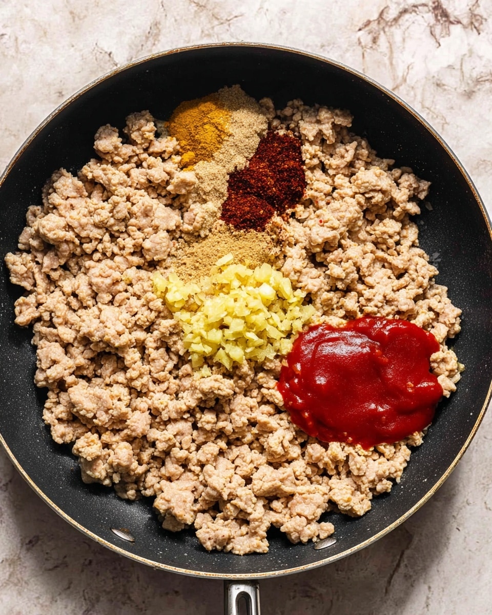 A black pan filled with one layer of cooked ground meat that is light brown in color, spread evenly across the pan. On top of the meat are several small piles of different ingredients: bright yellow minced ginger and garlic placed near the right center, a dark red chili powder next to it, a light brown powder slightly above, and a smooth red sauce dollop at the bottom right. The pan is set on a white marbled surface. Photo taken with an iphone --ar 4:5 --v 7