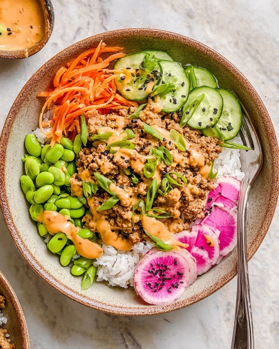 A bowl sits on a white marbled surface filled with layers starting with white rice at the bottom, topped with ground meat in a light brown color with a creamy orange sauce drizzled over it. To one side, thin orange carrot strips add a bright texture, next to light green cucumber slices layered neatly with the same sauce. Bright green edamame beans fill another section, while pickled pink onions and thinly sliced radishes with black sesame seeds cover another part. Fresh green onions are scattered on top, and a metal fork is placed inside the bowl. Photo taken with an iphone --ar 4:5 --v 7