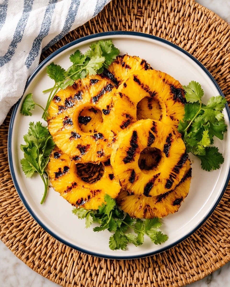 A white plate with a thin dark blue rim holds a stack of seven grilled pineapple rings arranged in a slightly overlapping circular pattern. Each pineapple ring is bright yellow with clearly visible caramelized grill marks in dark brown and black, adding a textured look to the smooth fruit. Fresh green cilantro leaves are placed on top and around the pineapple rings as garnish. The plate is set on a woven natural brown placemat, all placed on a white marbled surface. Part of a white cloth with blue stripes is seen at the upper left corner. Photo taken with an iphone --ar 4:5 --v 7