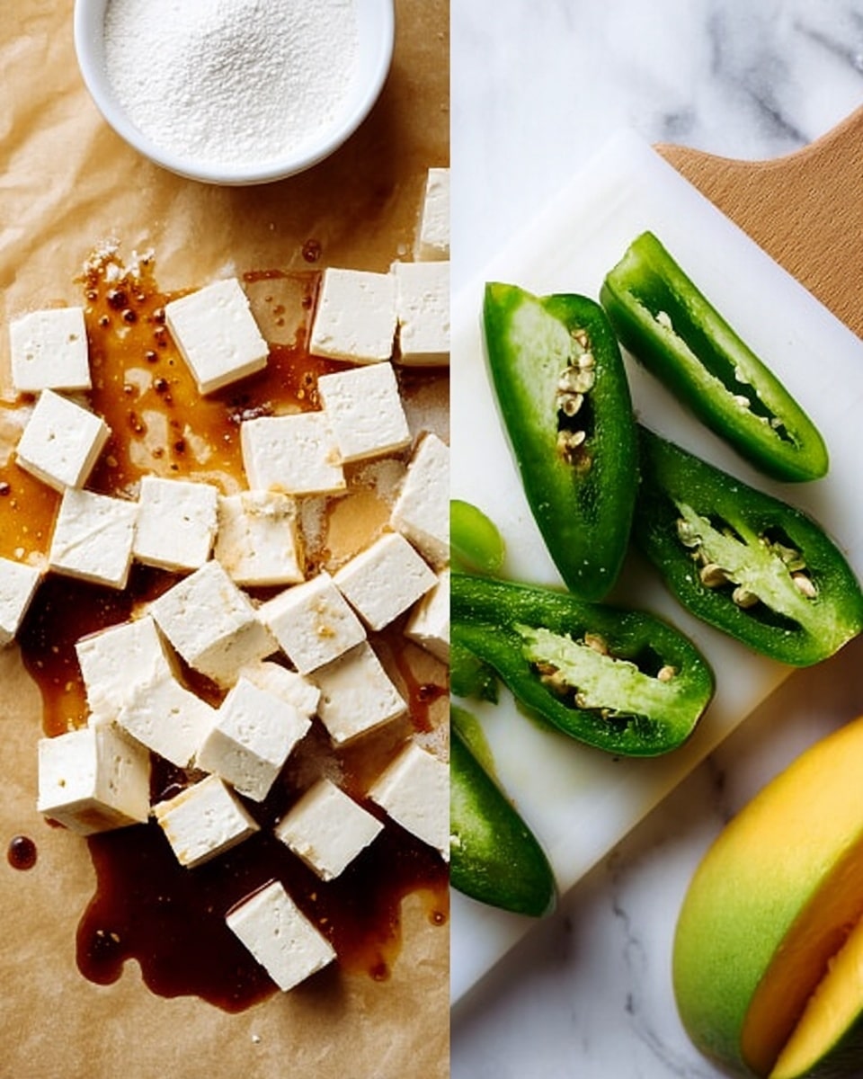 The image shows two parts side by side. On the left side, there are many small white cubes of tofu scattered on a light brown paper with drops of dark sauce spread unevenly over them. In the top left corner, there is a small white bowl filled with white powder. On the right side, there is a white cutting board with three green jalapeño peppers, two sliced lengthwise showing seeds inside, and one whole pepper. Part of a yellow mango with green skin is visible in the top left corner of the cutting board. The background is a white marbled surface. Photo taken with an iphone --ar 4:5 --v 7