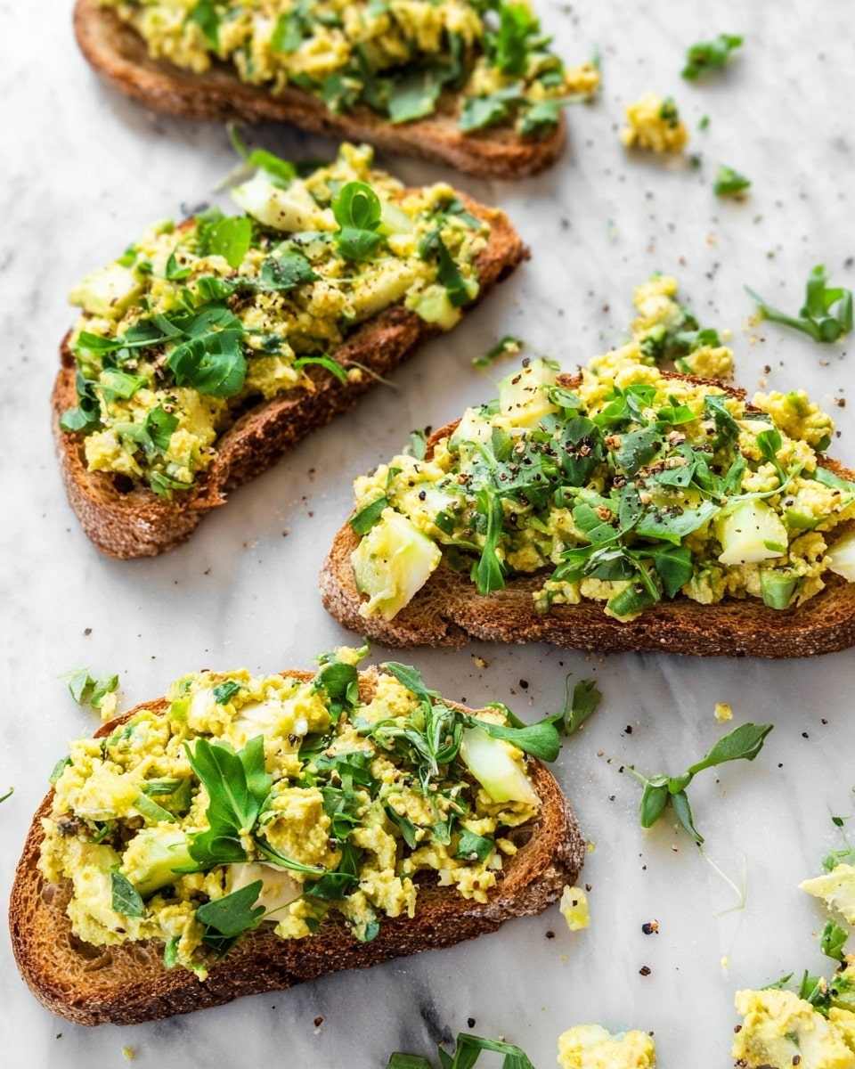 Several slices of toasted brown bread are topped with a mix of finely chopped yellow and light green vegetables, scattered with fresh dark green leafy herbs. The topping layers look soft and slightly grainy, with visible small bits of black pepper sprinkled on top. The slices are placed on a white marbled surface with a few small pieces of the topping and herbs scattered around. photo taken with an iphone --ar 4:5 --v 7