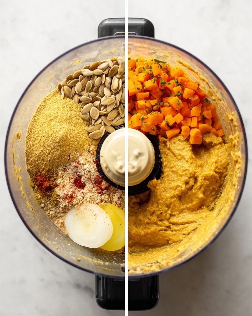 The image shows two views of a food processor on a white marbled surface. The first view displays the unblended ingredients inside the clear bowl on a black base: layers include light yellow powder on the left, sunflower seeds at the top, chopped orange carrots and light onion pieces on the right, a pale yellow round slice near the center, a dollop of a creamy white substance at the bottom, some red and white spices sprinkled over the carrots and onions, and small bits of green herbs on the top right. The second view shows the food processor filled with a smooth, evenly blended thick mixture of golden orange color with small textured specks throughout, sticking to the sides and blade in the center. photo taken with an iphone --ar 4:5 --v 7