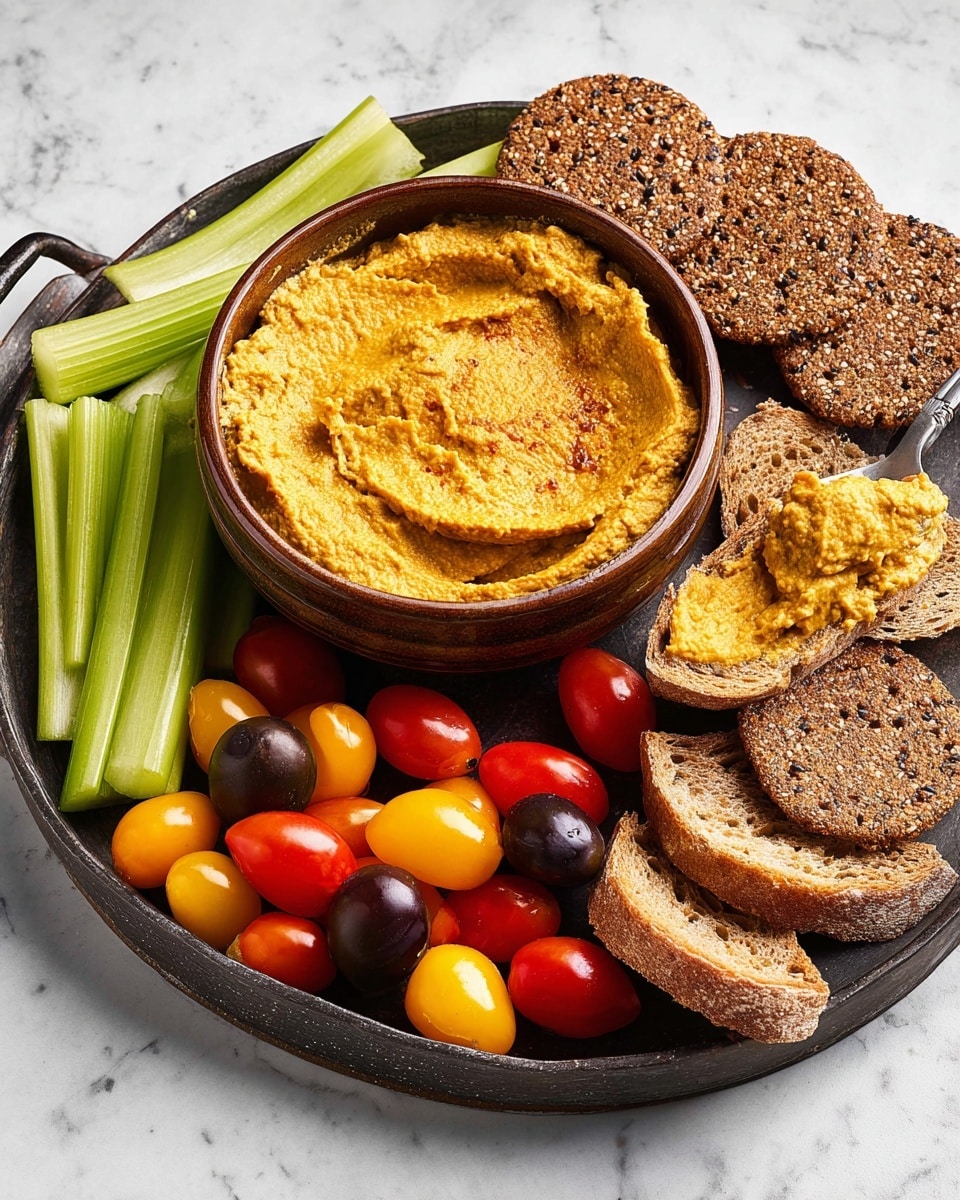 A round dark tray holds a small brown bowl of thick, yellow-orange dip in the center with a textured surface showing it has been scooped. To the right, there are several toasted slices of brown bread, one with dip spread on it. On the left, green celery sticks are arranged with one dipped in the spread. Above the celery are dark round crackers with seeds, some stacked and angled. Below the bowl are mixed halved cherry tomatoes in red, yellow, and dark purple colors. The tray sits on a white marbled surface. Photo taken with an iphone --ar 4:5 --v 7
