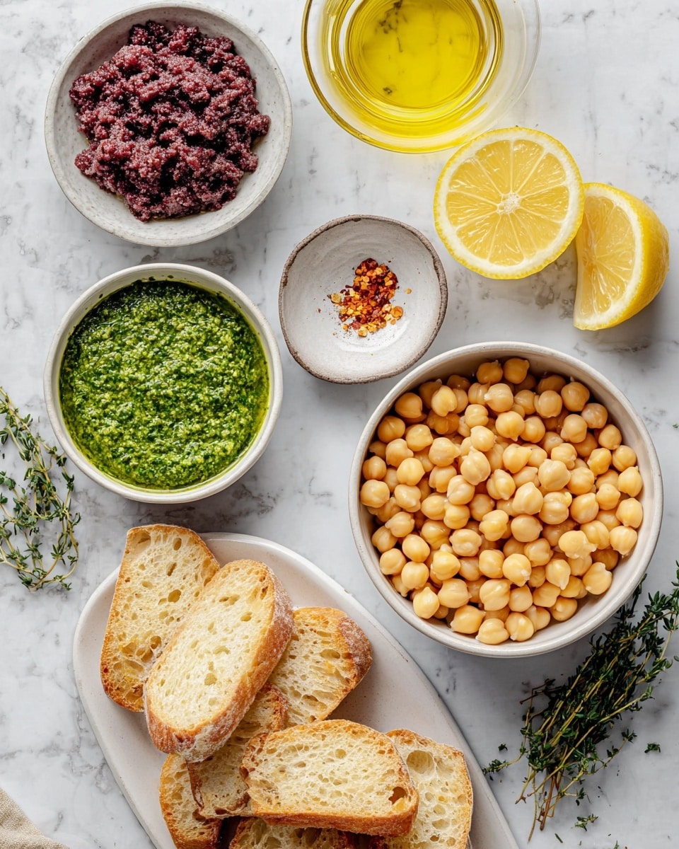 The image shows a top view of five white bowls or plates arranged on a white marbled surface. On the right, there is a white bowl full of light golden chickpeas, smooth and round. To its left, a smaller white bowl holds a bright green pesto sauce with a slightly chunky texture. Below that, an oval white plate is stacked with pieces of light golden toasted bread, showing a soft, porous inside and a slightly crispy crust. Above the bread, a small white bowl contains a dark purple chopped olive tapenade with a dense, coarse texture. Two lemon halves with bright yellow flesh and a small glass bowl of light golden olive oil sit near the top of the image. There is also a small sprinkle of dried red chili flakes in a tiny dark bowl and a sprig of fresh green thyme near the bottom. Photo taken with an iphone --ar 4:5 --v 7