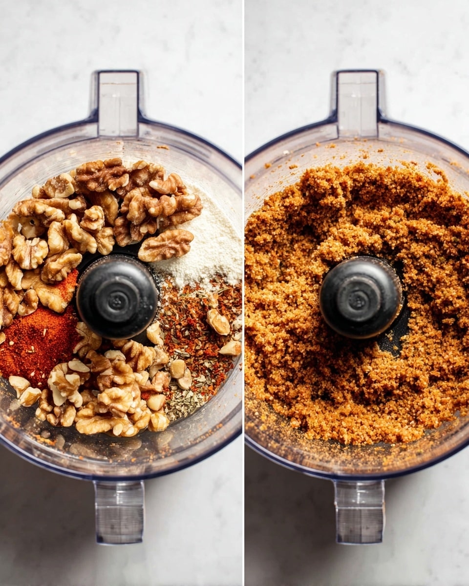 Two side-by-side clear food processor bowls are shown from above, each sitting on a white marbled surface. The left bowl contains whole walnut pieces surrounded by small white and red powder spices, layered on top of one another with rough textures and natural brown, beige, and rusty red colors. The right bowl shows the same ingredients processed into a thick, crumbly mixture with a coarse texture and a warm brown color evenly spread around the central black blade. Photo taken with an iphone --ar 4:5 --v 7