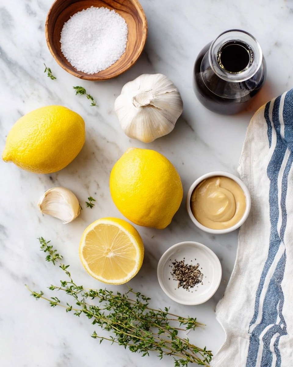 The image shows a white marbled surface with fresh ingredients neatly arranged. There are two whole bright yellow lemons and one lemon sliced in half showing the juicy, pale yellow inside. A whole garlic bulb with white papery skin sits near the top left. A small white round dish holds a mix of salt and black pepper, while another small white dish contains smooth, light beige mustard. There are fresh green thyme sprigs lying at the bottom. A clear round bottle with a dark liquid, likely olive oil or vinegar, stands near a white and blue striped cloth on the right side. A small round wooden bowl filled with coarse salt is at the top left corner. The scene is calm and fresh, with soft natural light and a clean background. photo taken with an iphone --ar 4:5 --v 7