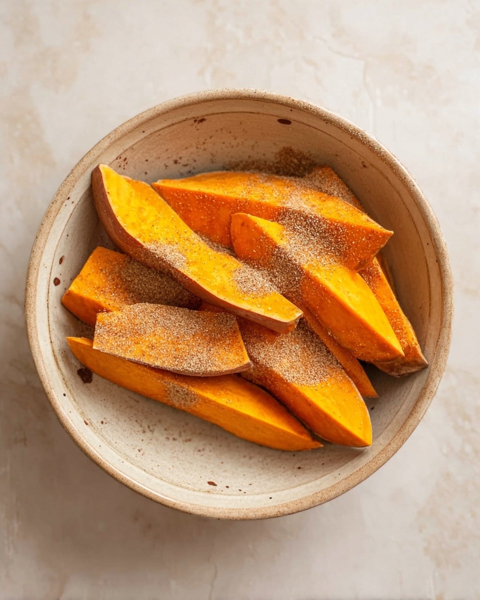 A large beige bowl with a few dark spots holds several thick orange sweet potato wedges arranged in loose layers pointing in different directions. The sweet potatoes are dusted with a layer of light brown spice powder unevenly spread across the tops. The bowl sits on a white marbled surface, and no other items are visible around it. Photo taken with an iphone --ar 4:5 --v 7