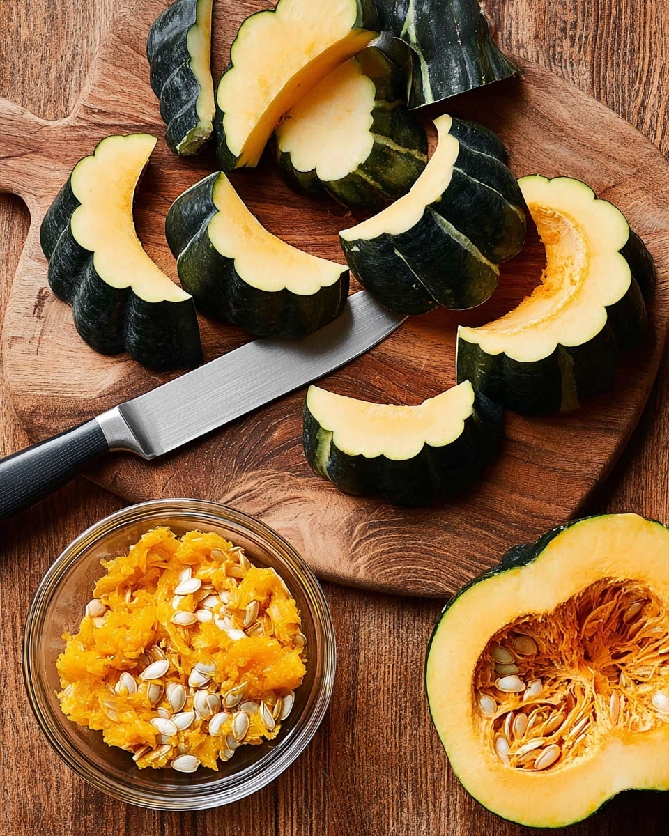 The image shows several thick slices of dark green acorn squash with pale orange flesh, arranged in a loose pile on a wooden cutting board that has a rich brown color and natural wood grain texture. A large silver kitchen knife with a black handle lies among the slices. In the lower-left corner, there is a clear glass bowl filled with bright orange squash innards and white seeds, and a silver spoon inside the bowl. The bottom right shows a large piece of the acorn squash with its hollowed-out flesh visible. The overall look is fresh and natural, set on a rustic wooden surface. Photo taken with an iphone --ar 4:5 --v 7