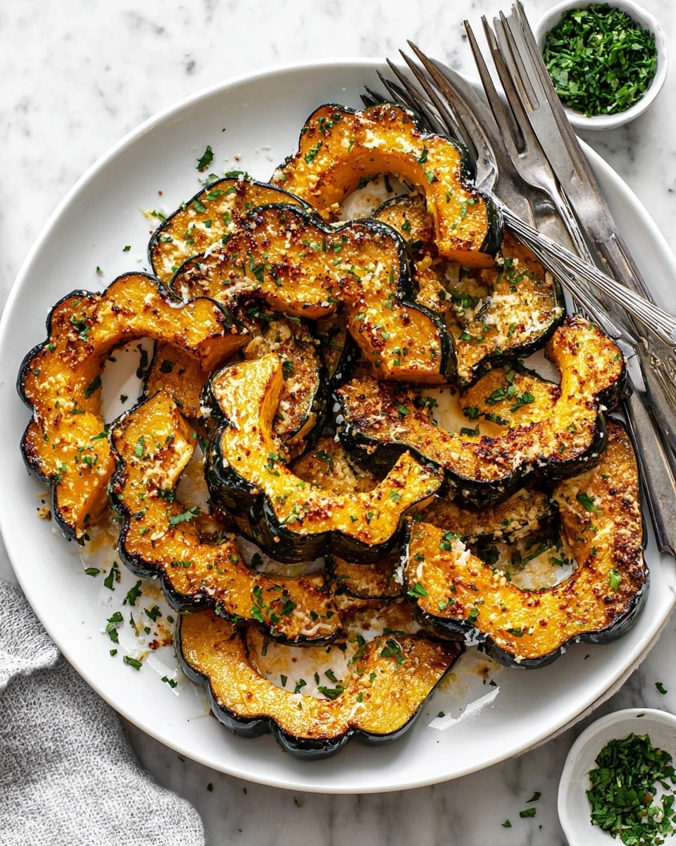 A white plate holds about ten pieces of roasted acorn squash, each piece about one layer thick with a rough, slightly crispy outer edge in dark green and brown, contrasting with the soft, golden-orange inside. The tops of the squash slices are sprinkled with melted cheese and small bits of herbs, adding specks of green and small textures. Two silver forks rest on the top right side of the plate. The plate sits on a white marbled surface with a small bowl of chopped green herbs nearby, and some herbs are scattered over the squash slices. Photo taken with an iphone --ar 4:5 --v 7
