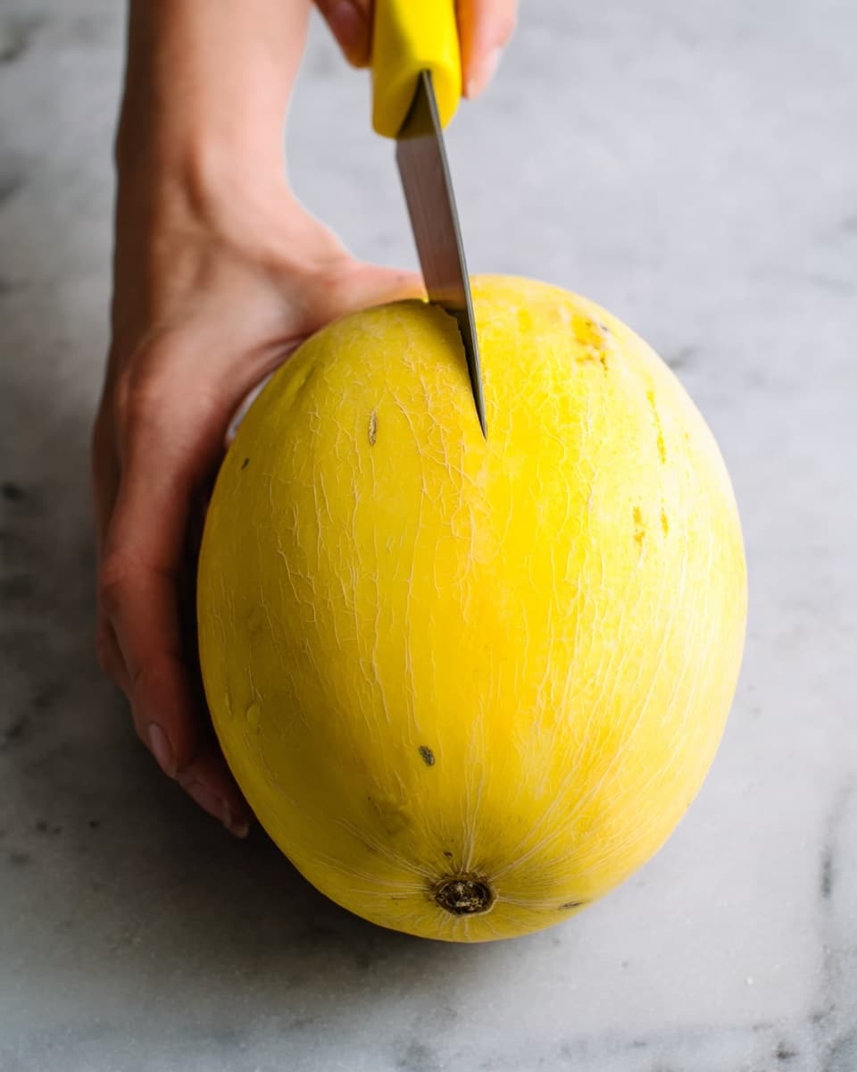 A bright yellow oval-shaped melon is shown being sliced with a knife that has a yellow handle. The woman's hand holds the melon steady from behind while the knife is inserted into the top center of the melon. The melon has a smooth texture with some small blemishes and a round stem spot visible near the center. The background is a white marbled surface. photo taken with an iphone --ar 4:5 --v 7