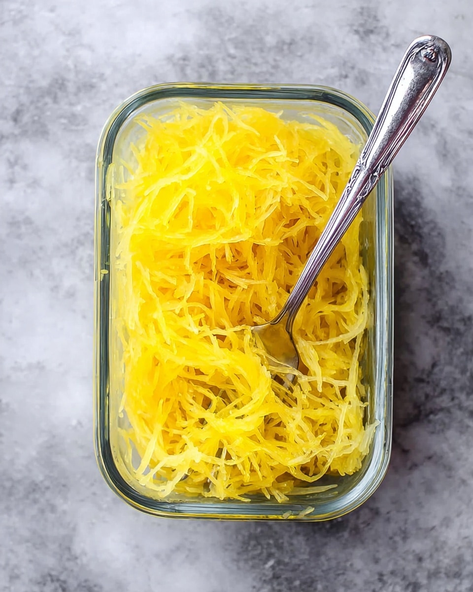 The image shows a rectangular clear glass container filled with bright yellow spaghetti squash strands that look soft and stringy, piled up in one layer that fills the container. A shiny silver fork is placed inside the container, resting diagonally among the strands with its handle outside. The container is set on a white marbled textured surface. photo taken with an iphone --ar 4:5 --v 7