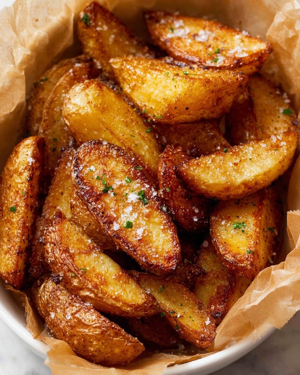 A white bowl is filled with many golden-brown roasted potato wedges placing closely together, each wedge showing a crispy and slightly rough texture with specks of seasoning on the surface. The potatoes have a light sprinkle of white salt flakes and small green herb pieces scattered over them, adding color contrast. The bowl is lined with crumpled brown parchment paper that adds a warm tone under the potatoes. The photo shows the potatoes in close-up with warm light, making the crispy edges stand out on a white marbled surface photo taken with an iphone --ar 4:5 --v 7