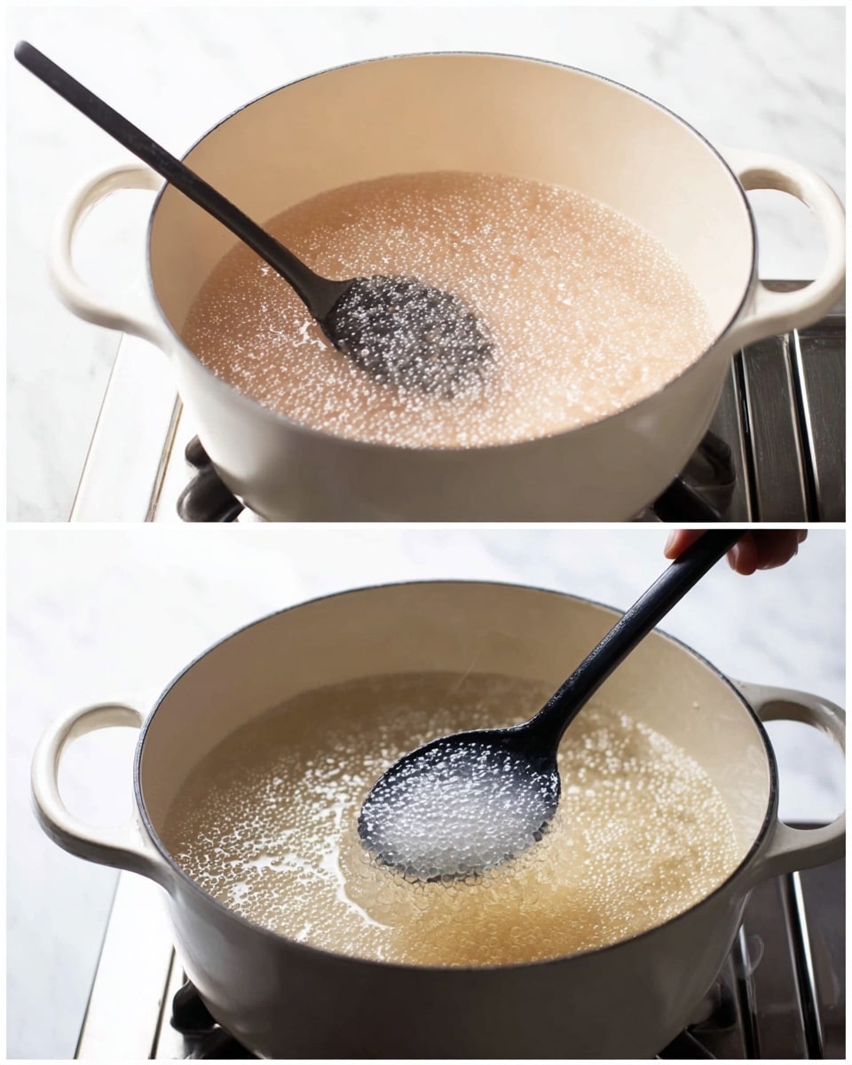 The image shows two views of a white pot filled with small translucent tapioca pearls cooking in clear boiling water. In the left view, a black spoon stirs the pearls evenly throughout the pale, bubbling liquid. The pot sits on a stove with a shiny metal surface beneath. In the right view, the black spoon lifts a portion of the shiny, jelly-like pearls above the warm liquid, capturing the steam rising from the pot. The background has a white marbled texture. photo taken with an iphone --ar 4:5 --v 7