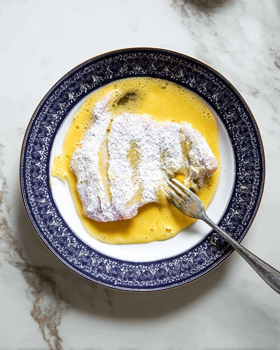 A white plate with a dark blue patterned rim holds a piece of meat being dipped into a layer of yellow beaten eggs that spread across the plate, with the meat coated in a thin layer of white flour on top. The plate sits on a white marbled surface, and a silver fork rests on the plate near the bottom right side. Photo taken with an iphone --ar 4:5 --v 7