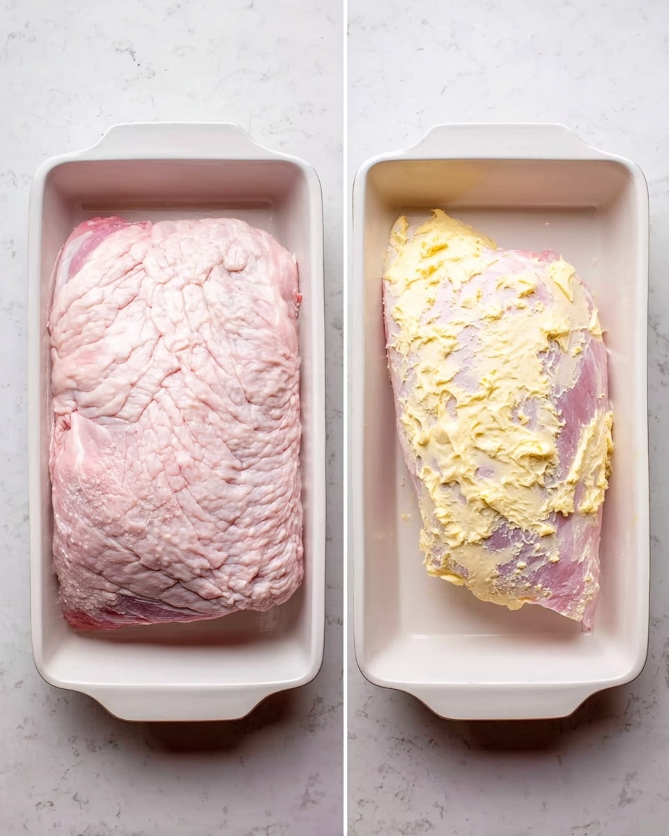 A white rectangular baking dish with two views side by side on a white marbled surface: the left side shows a large piece of raw meat with pale pink skin textured with wrinkles filling the dish; the right side shows the same piece of meat covered unevenly with soft, light yellow butter spread over the pink skin, creating a textured top layer. photo taken with an iphone --ar 4:5 --v 7