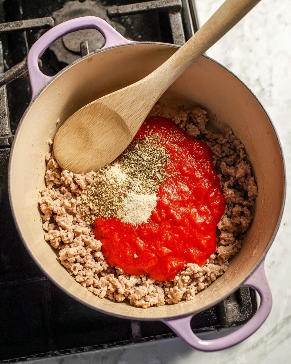 A light purple cooking pot with creamy inside is sitting on a stovetop with black grates. Inside the pot, there is a base layer of cooked ground meat in light brown color covering almost the whole pot. On top of the meat near the center, there is a spread of bright red tomato sauce and a small pile of mixed dry herbs and spices with brown, green, and white specks. A wooden spatula is placed inside the pot on the left side, resting on the meat. The background is a white marbled surface. photo taken with an iphone --ar 4:5 --v 7