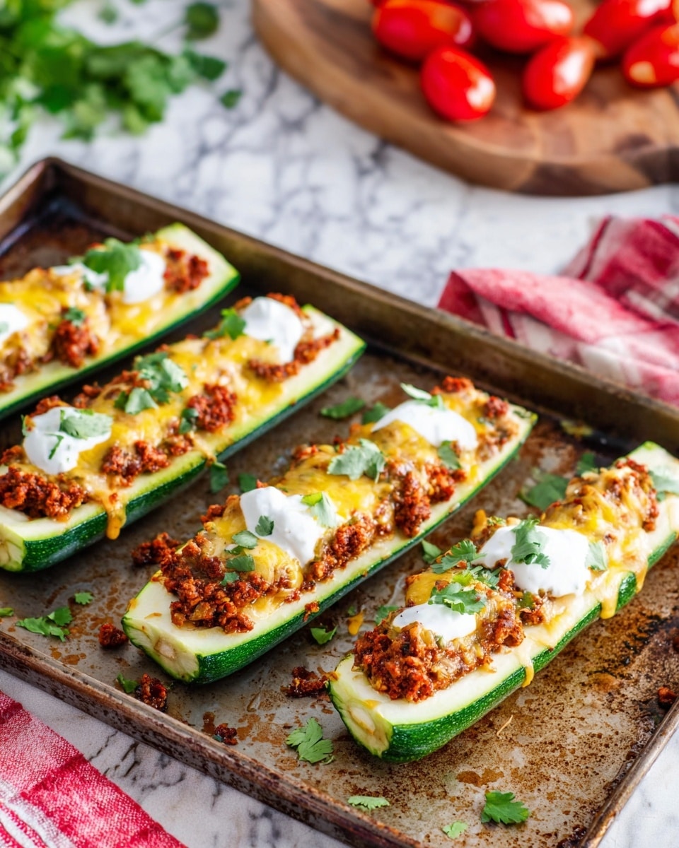 Four zucchini boats lie on a worn baking tray. Each boat has three layers: the base is a hollowed green zucchini, filled with a crumbly brown mixture, topped with melted golden-yellow cheese, and garnished with small green cilantro leaves. On top of each boat is a dollop of white creamy sauce with more cilantro. Around the tray are small bits of the filling. The scene is set on a white marbled surface with blurred red and white kitchen linens and a wooden board holding red cherry tomatoes in the background. Photo taken with an iphone --ar 4:5 --v 7