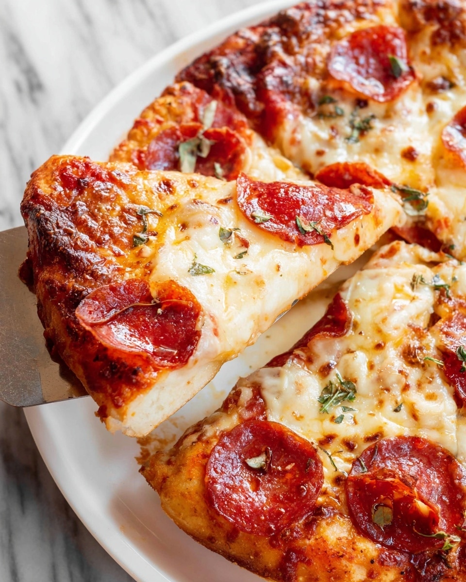 A close-up of a white plate holds a pepperoni pizza with four visible slices. One slice is lifted on a metal spatula showing three layers: the golden brown crust at the bottom, a layer of red tomato sauce with green herbs, and a thick melted cheese layer with browned spots on top. The slice features shiny red pepperoni pieces and some green herbs scattered on the cheese. The background and surface under the plate have a white marbled texture. photo taken with an iphone --ar 4:5 --v 7