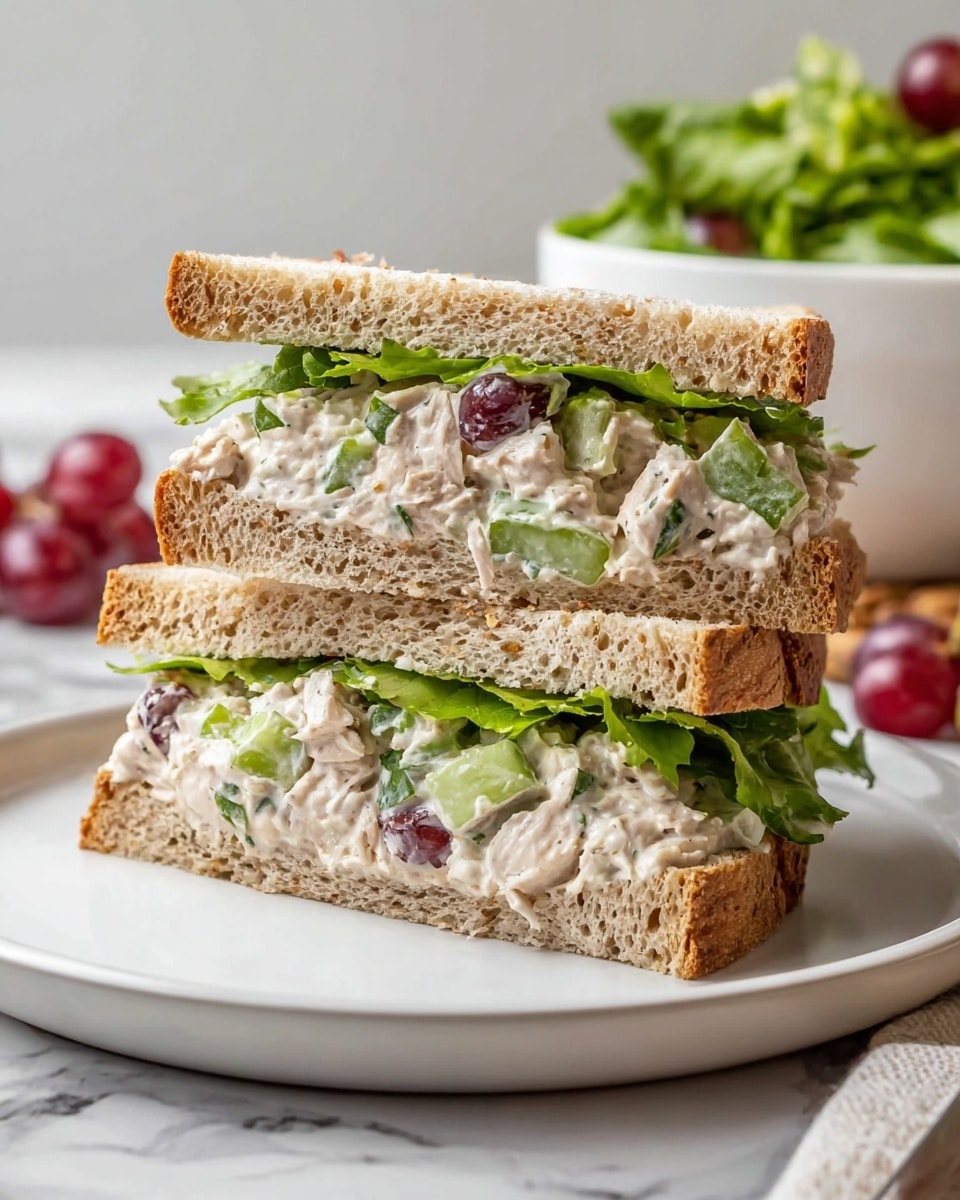 The image shows a close-up of a sandwich cut into two stacked halves on a white plate, placed on a white marbled surface. The sandwich has three layers of soft brown bread with visible texture. The filling consists of two layers, each with creamy white chicken salad mixed with sliced green celery and pieces of red grapes. Some green lettuce peek out from the sides. In the background, there is a white bowl filled with leafy green salad, and some red grapes are scattered around the plate. The photo is taken with an iphone --ar 4:5 --v 7