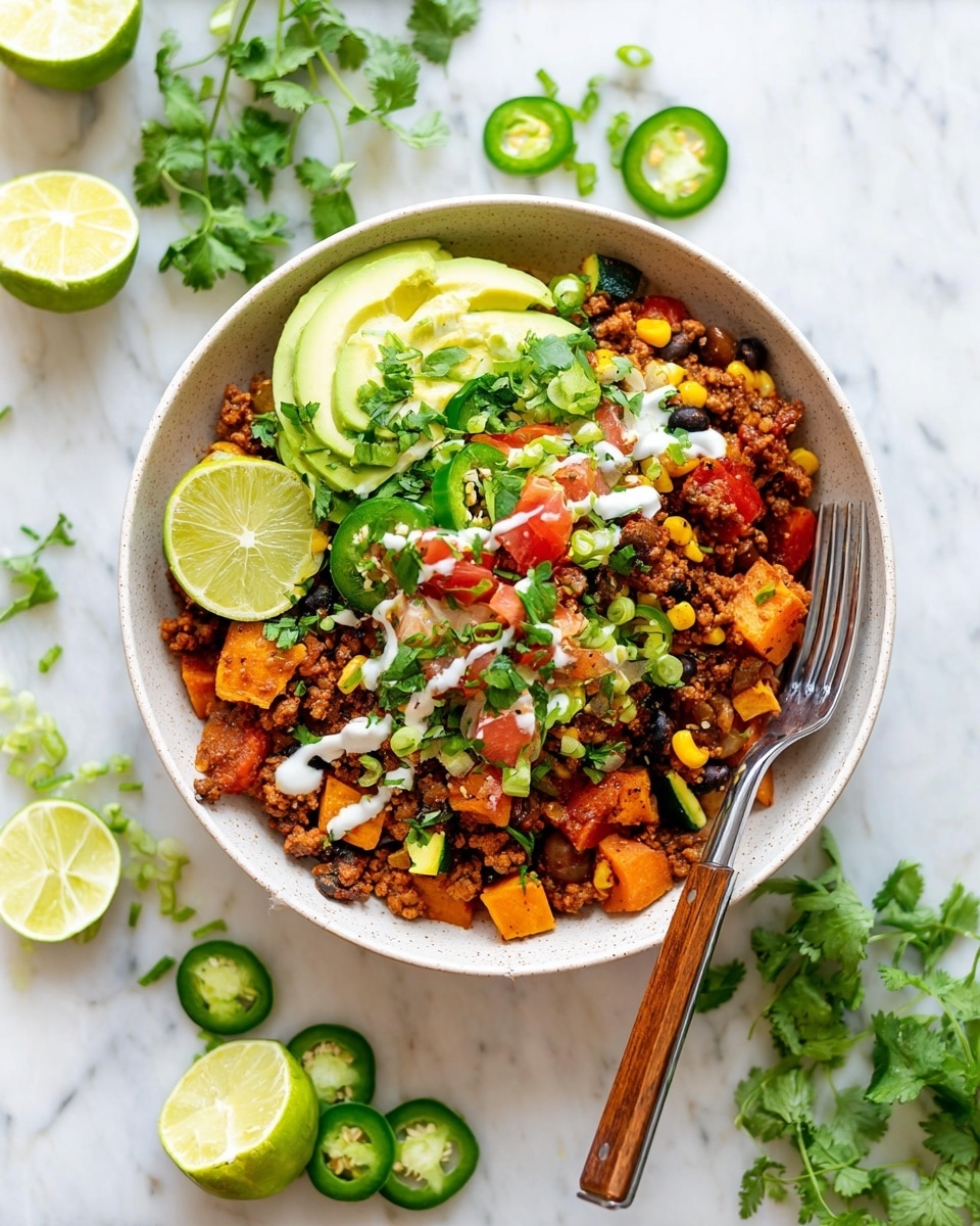 A white bowl filled with a colorful chili dish shows three main layers: at the bottom is a mix of brown cooked ground meat with orange chunks of sweet potato and small pieces of green zucchini and red tomatoes; the middle layer has black beans and yellow corn kernels mixed in; the top layer is decorated with green chopped scallions, fresh cilantro leaves, cream drizzles, and two slices of green avocado on one side. A wedge of lime rests on the left side of the bowl, and a fork with a wooden handle is placed on the right edge. The bowl sits on a white marbled surface scattered with lime wedges, green sliced jalapeños, and sprigs of cilantro. Photo taken with an iphone --ar 4:5 --v 7